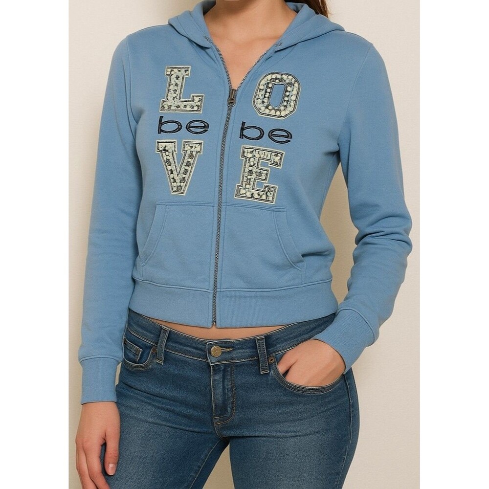 Vintage Y2K Bebe Jeweled Full Zip Zip-Up Hoodie Sz L Blue Love Bebe